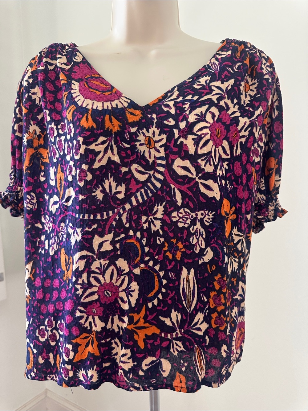Rachel Zoe Purple Floral V-Neck Blouse with Orange Accents